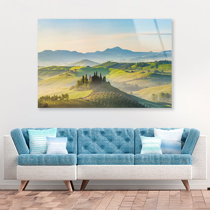 Hills, Trees, Mountains in Tuscany, Italy Acrylic Glass Print Tempered Glass Wall Art 100% Made in Australia Ready to Hang - Bella Home Decor