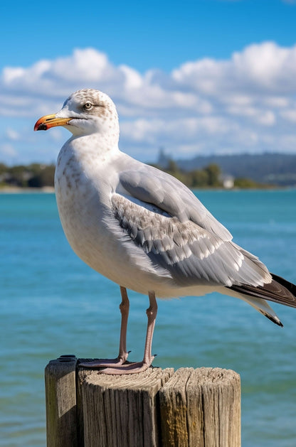 Seagull Bird Standing Wooden Post Ocean 40x60cm Metal Print Ready to Hang