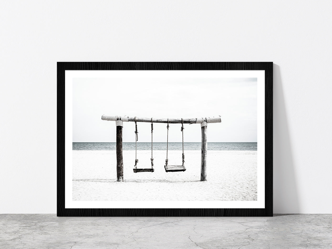 Swing near Sand Beach B&W View Photograph Glass Framed Wall Art, Ready to Hang Quality Print With White Border Black