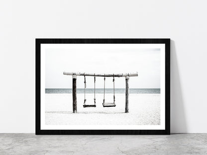 Swing near Sand Beach B&W View Photograph Glass Framed Wall Art, Ready to Hang Quality Print With White Border Black