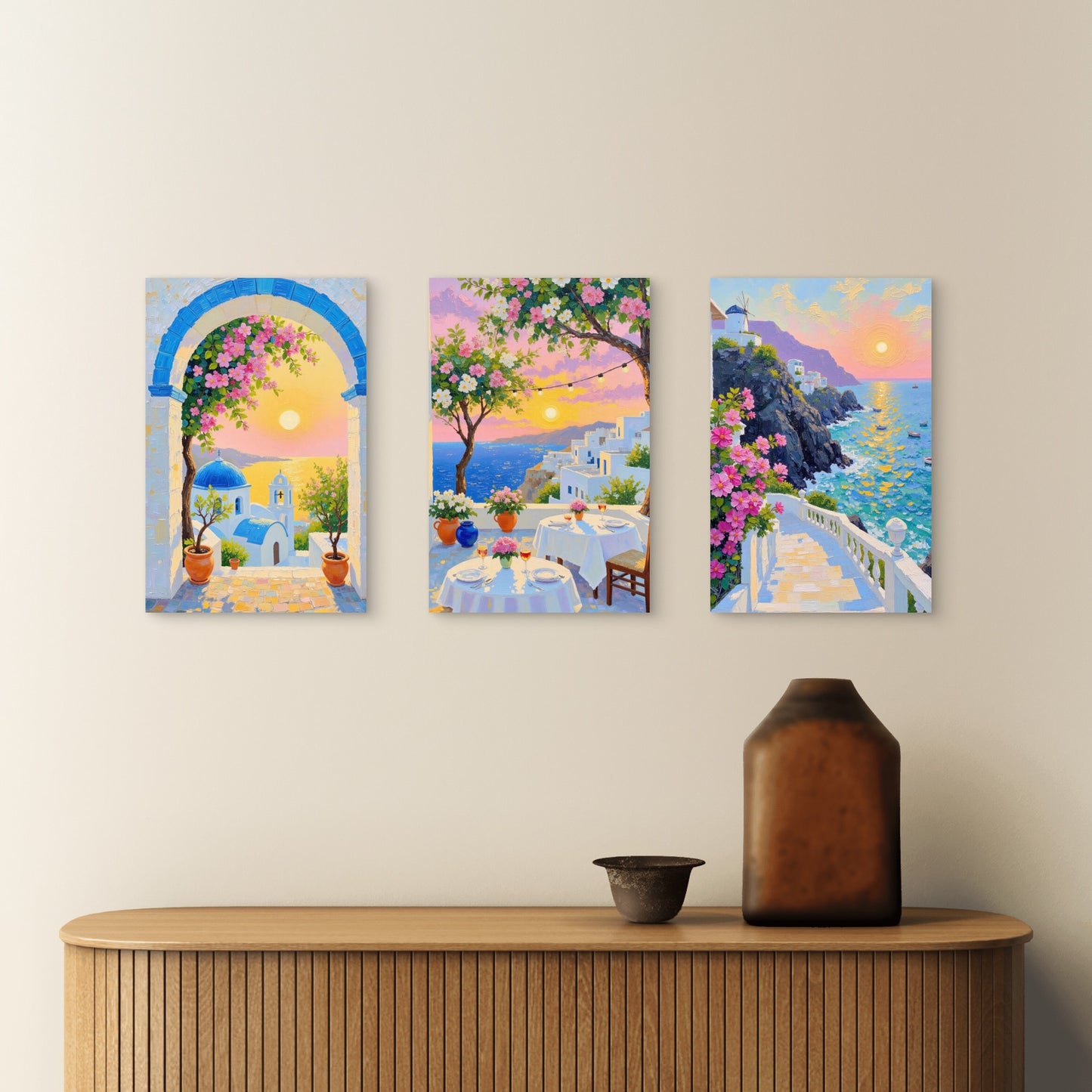 3pcs Santorini Greece Coastal Village Sunset Island Wall Art Set Canvas Framed 40x60cm - High Quality Print 100% Australian Made Wall Canvas Ready to Hang