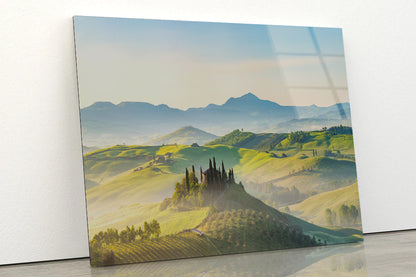 Hills, Trees, Mountains in Tuscany, Italy Acrylic Glass Print Tempered Glass Wall Art 100% Made in Australia Ready to Hang - Bella Home Decor