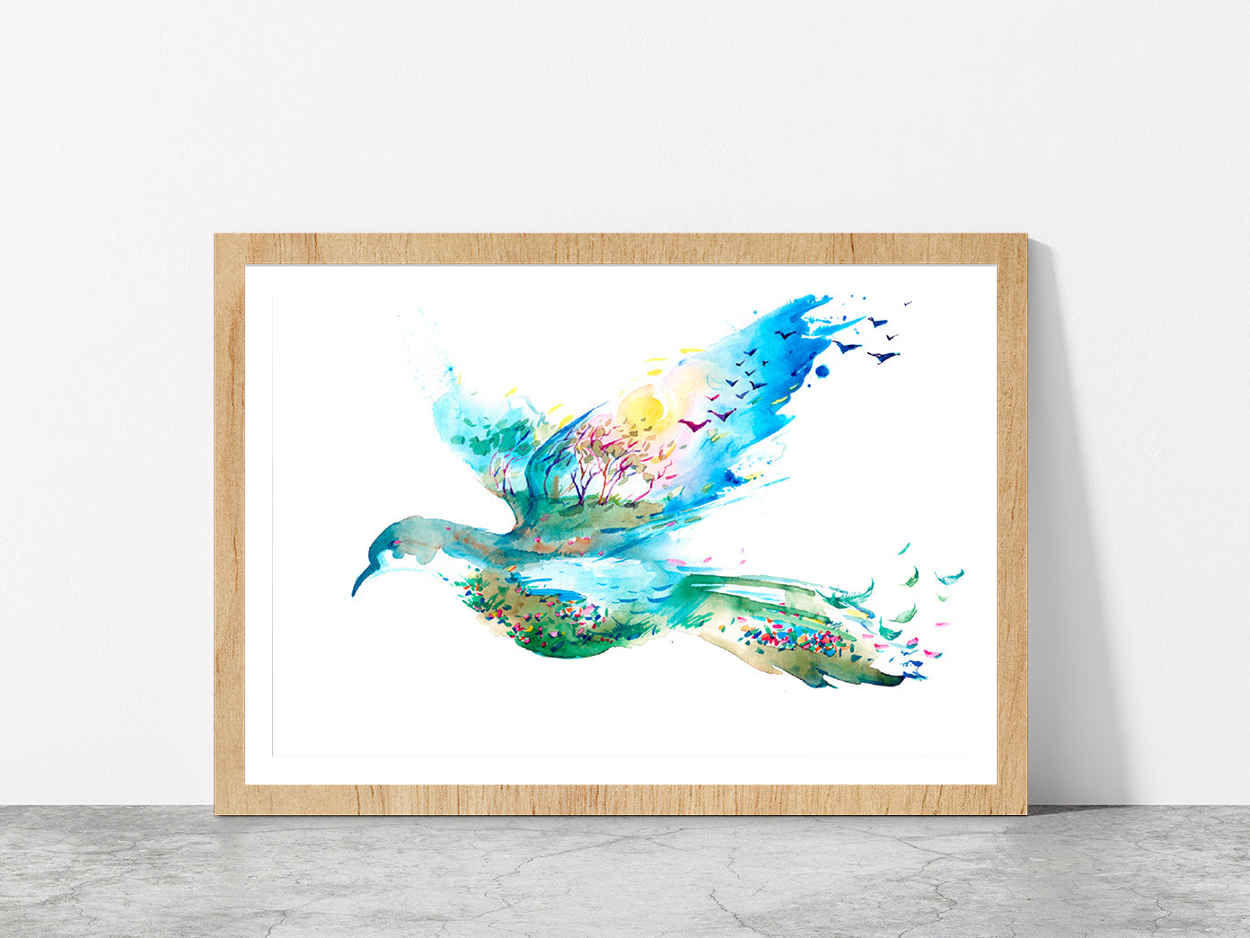 Spring In The Form Of Flying Bird Glass Framed Wall Art, Ready to Hang Quality Print With White Border Oak