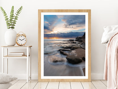 Sunrise View Of Rocky Coastline Glass Framed Wall Art, Ready to Hang Quality Print With White Border Oak