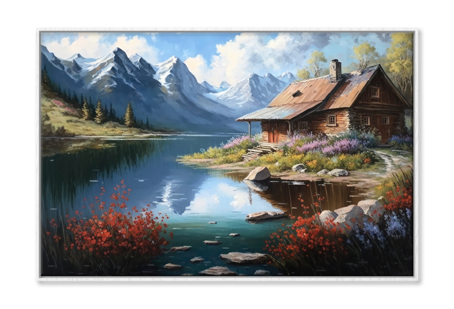 Old Cabin by Lake & Mountain Oil Painting Wall Art Limited Edition High Quality Print Canvas Box Framed White