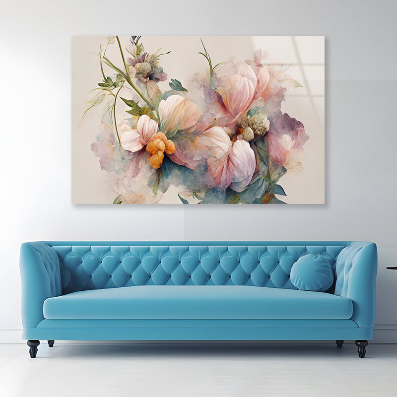 Pink and White Flowers Painting Acrylic Glass Print Tempered Glass Wall Art 100% Made in Australia Ready to Hang - Bella Home Decor