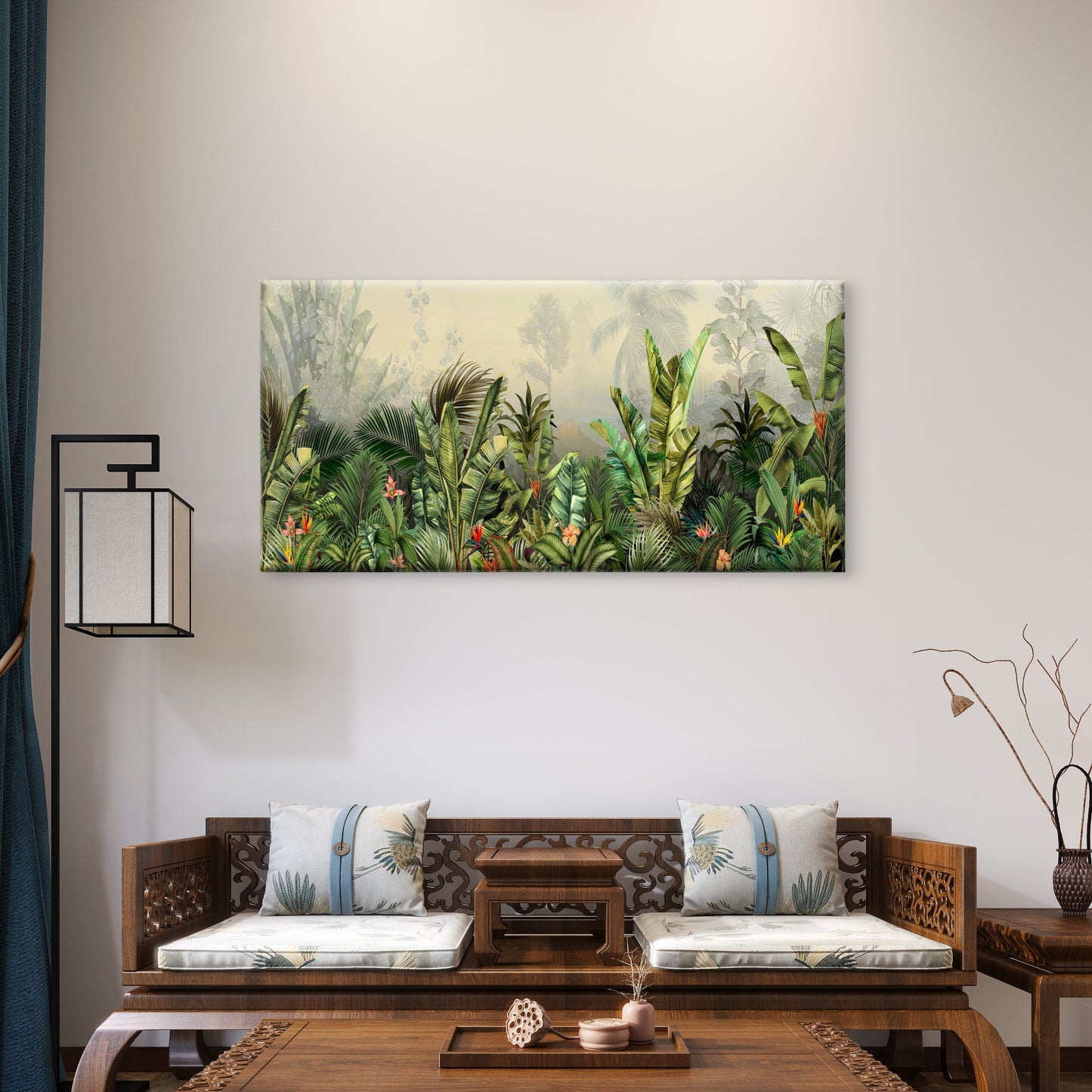 Botanical Tropical Jungle Leaves Wall Art Canvas Office Home Room Framed 120x60cm - Bella Home Decor