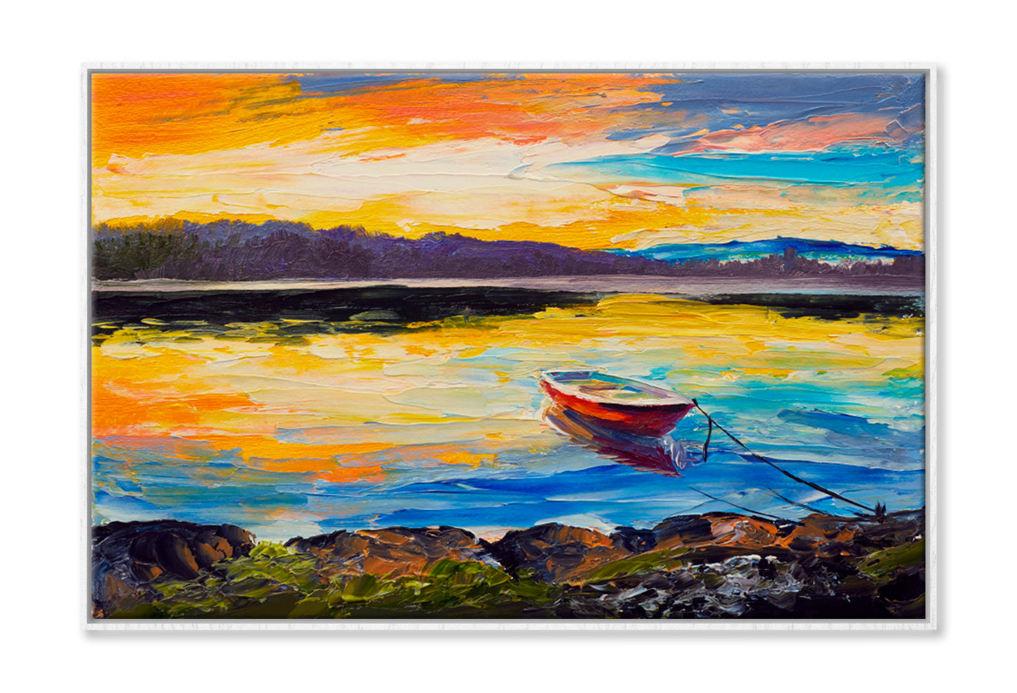 Fishing Boats On Sea View Oil Painting Limited Edition High Quality Print Canvas Box Framed White