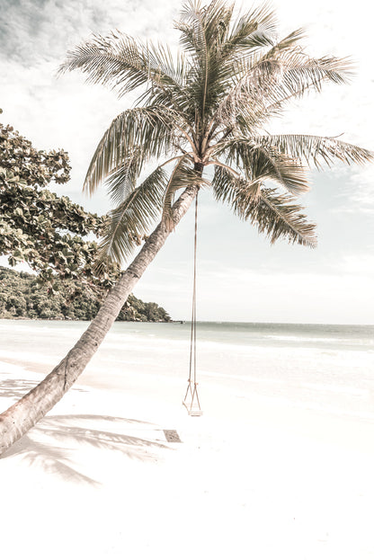 Beach Swing Palm Tree near Sand Beach View Glass Framed Wall Art, Ready to Hang Quality Print