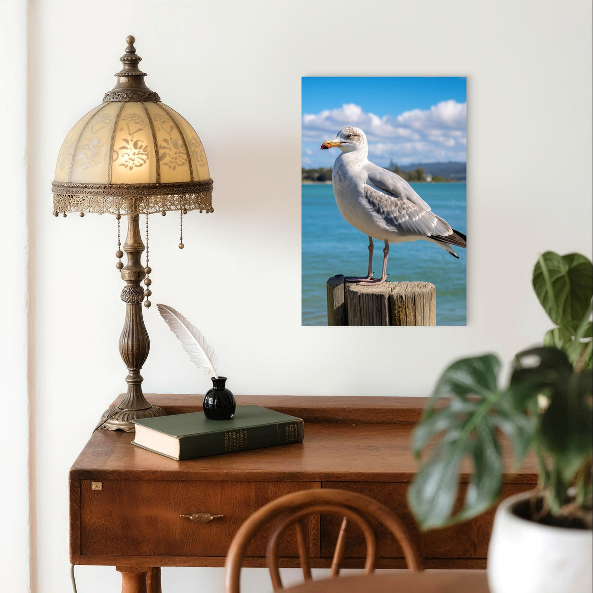 Seagull Bird Standing Wooden Post Ocean 40x60cm Metal Print Ready to Hang