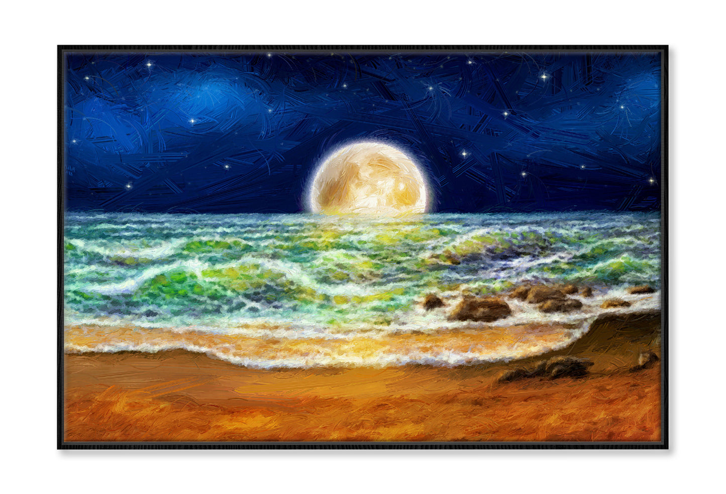 Sea Waves & Night Moon Sky Oil Painting Wall Art Limited Edition High Quality Print Canvas Box Framed Black