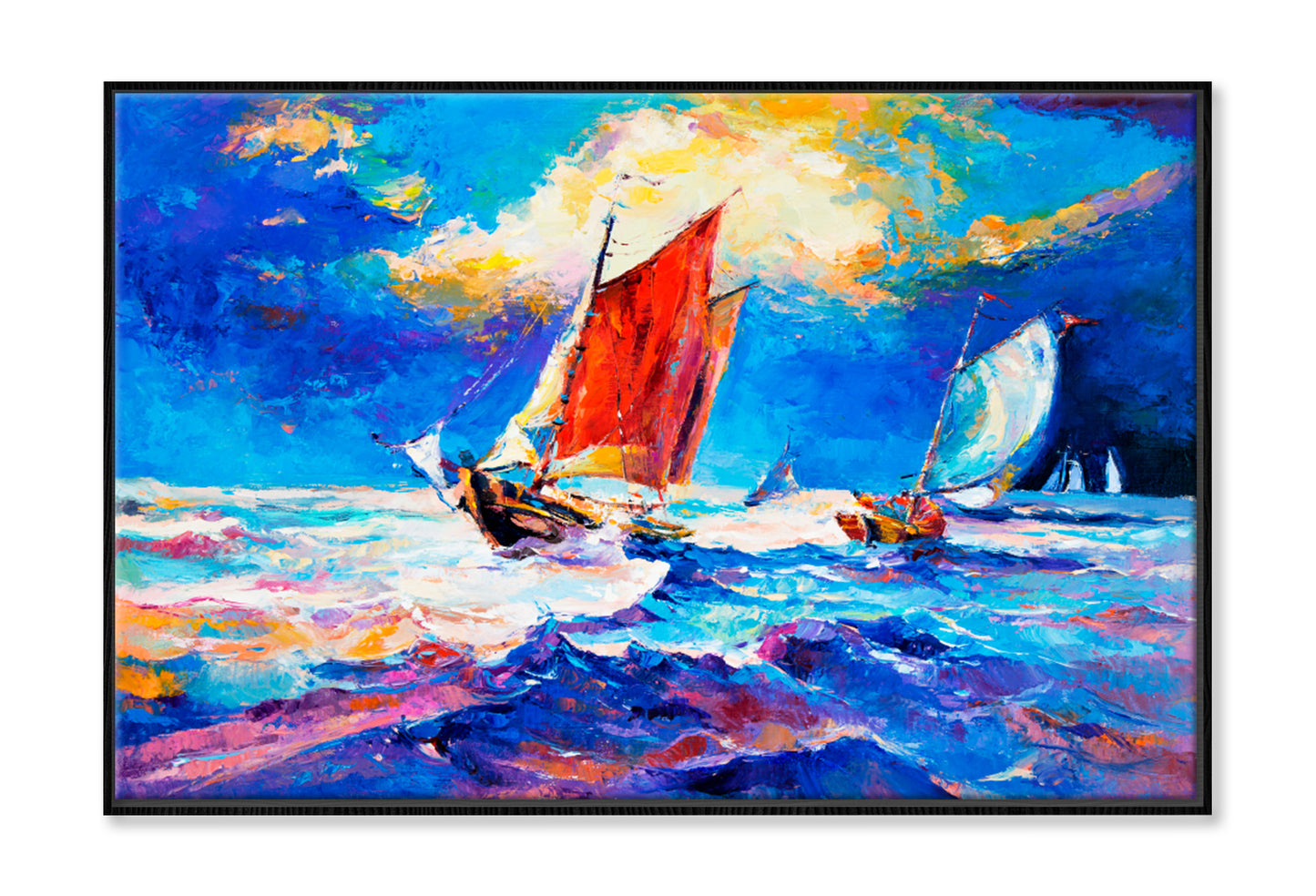 Ocean and Boats Oil Painting Wall Art Limited Edition High Quality Print Canvas Box Framed Black