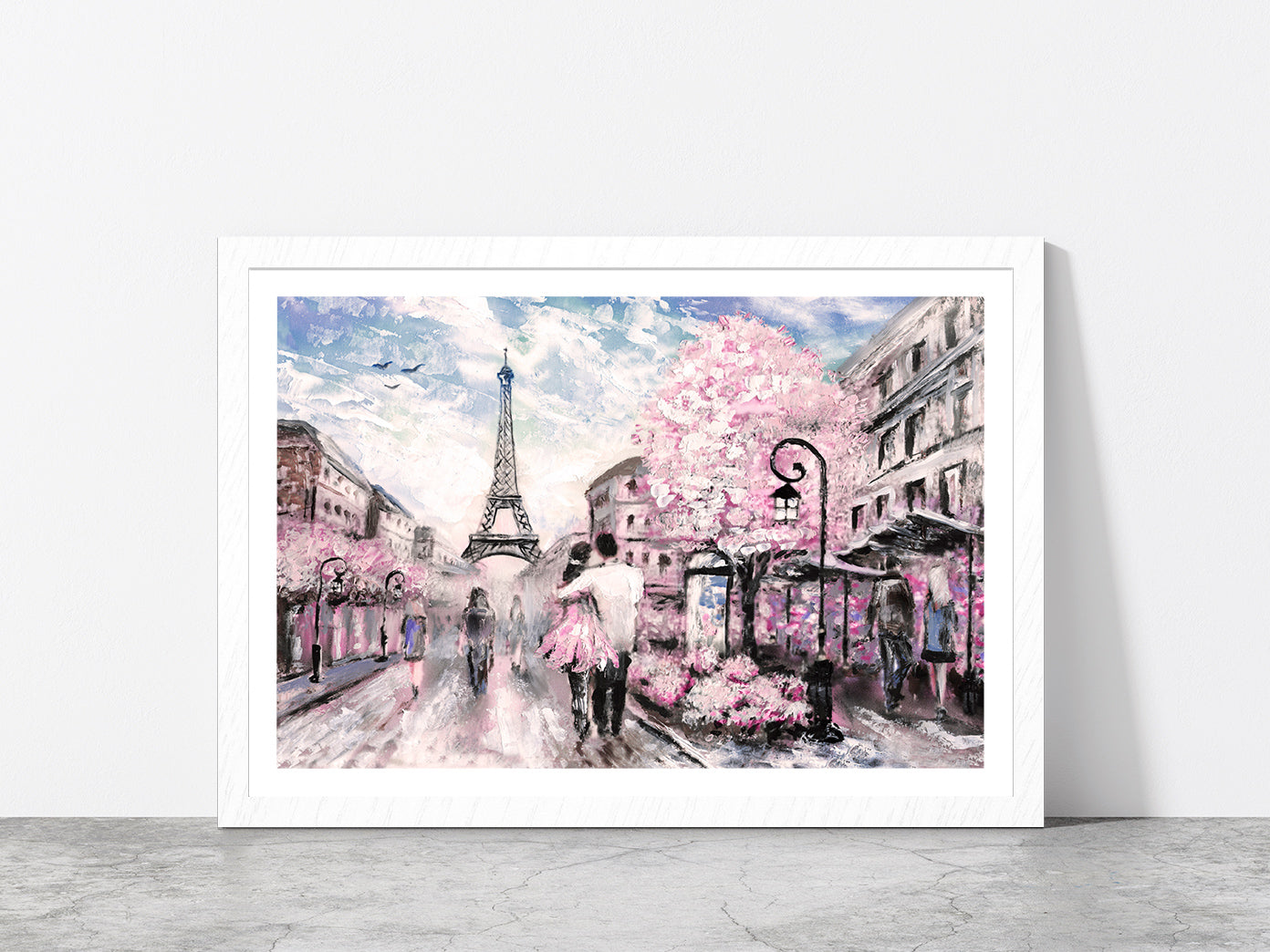 Street View Of Paris With Eiffel Tower Glass Framed Wall Art, Ready to Hang Quality Print With White Border White