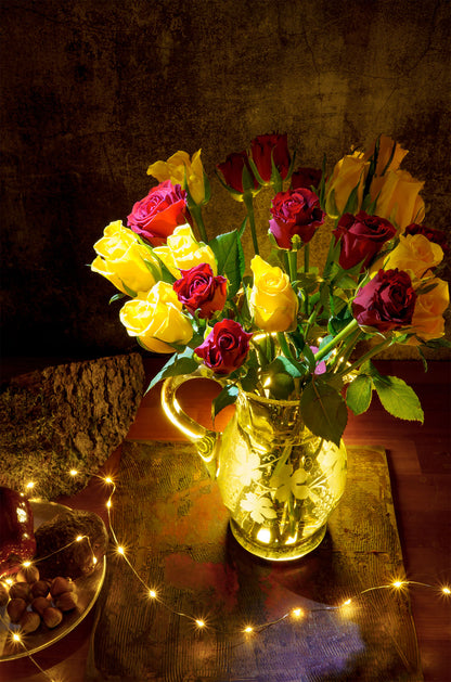 Red Yellow Roses Glass Vase 40x60cm Metal Print Ready to Hang - Bella Home Decor