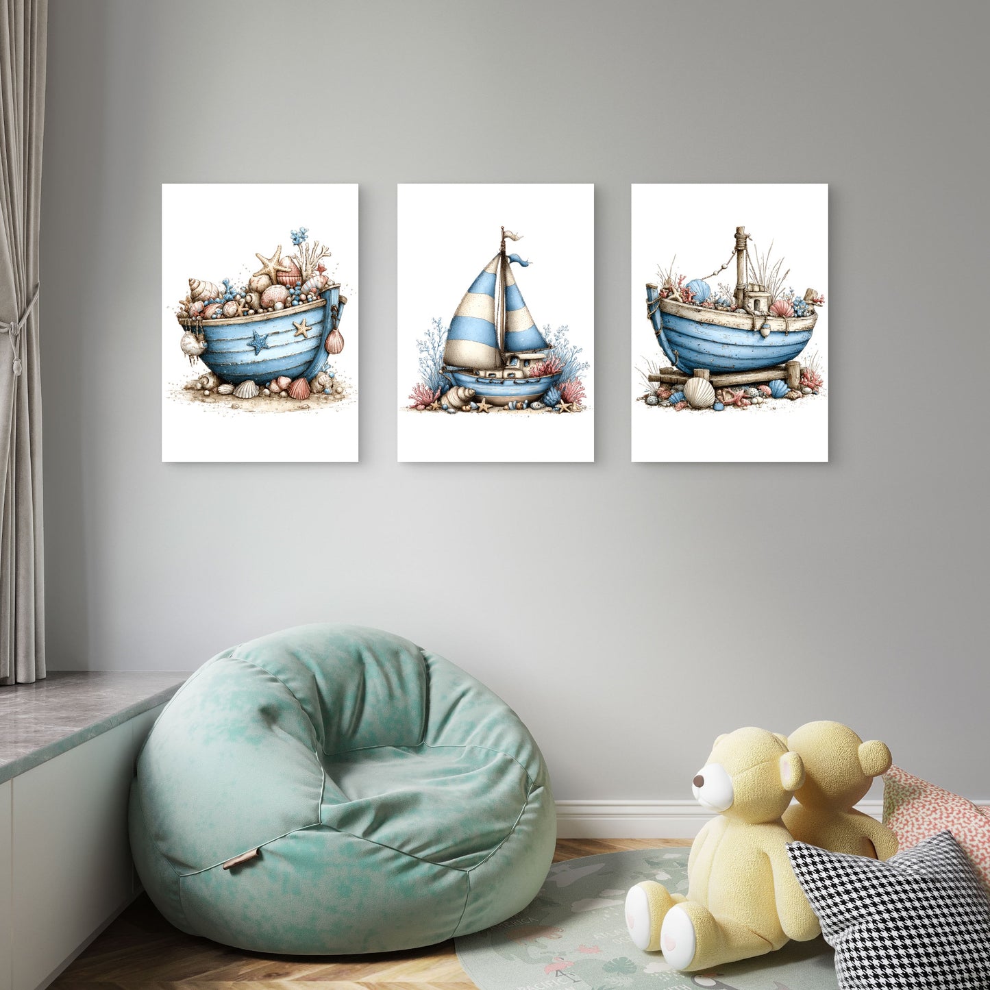 3pcs Rustic Coastal Beach Boats Wall Art Set Canvas Framed 40x60cm - High Quality Print 100% Australian Made Wall Canvas Ready to Hang