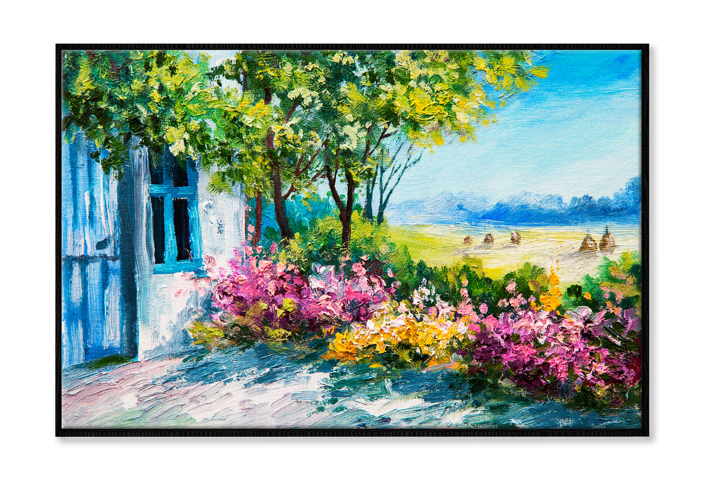 Garden Near The House & Colorful flowers Oil Painting Wall Art Limited Edition High Quality Print Canvas Box Framed Black