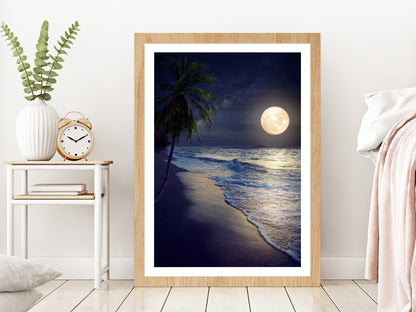 Tropical Beach with Milky Way Moon in Night Photograph Glass Framed Wall Art, Ready to Hang Quality Print With White Border Oak