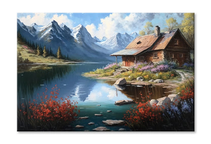 Old Cabin by Lake & Mountain Oil Painting Wall Art Limited Edition High Quality Print Stretched Canvas None