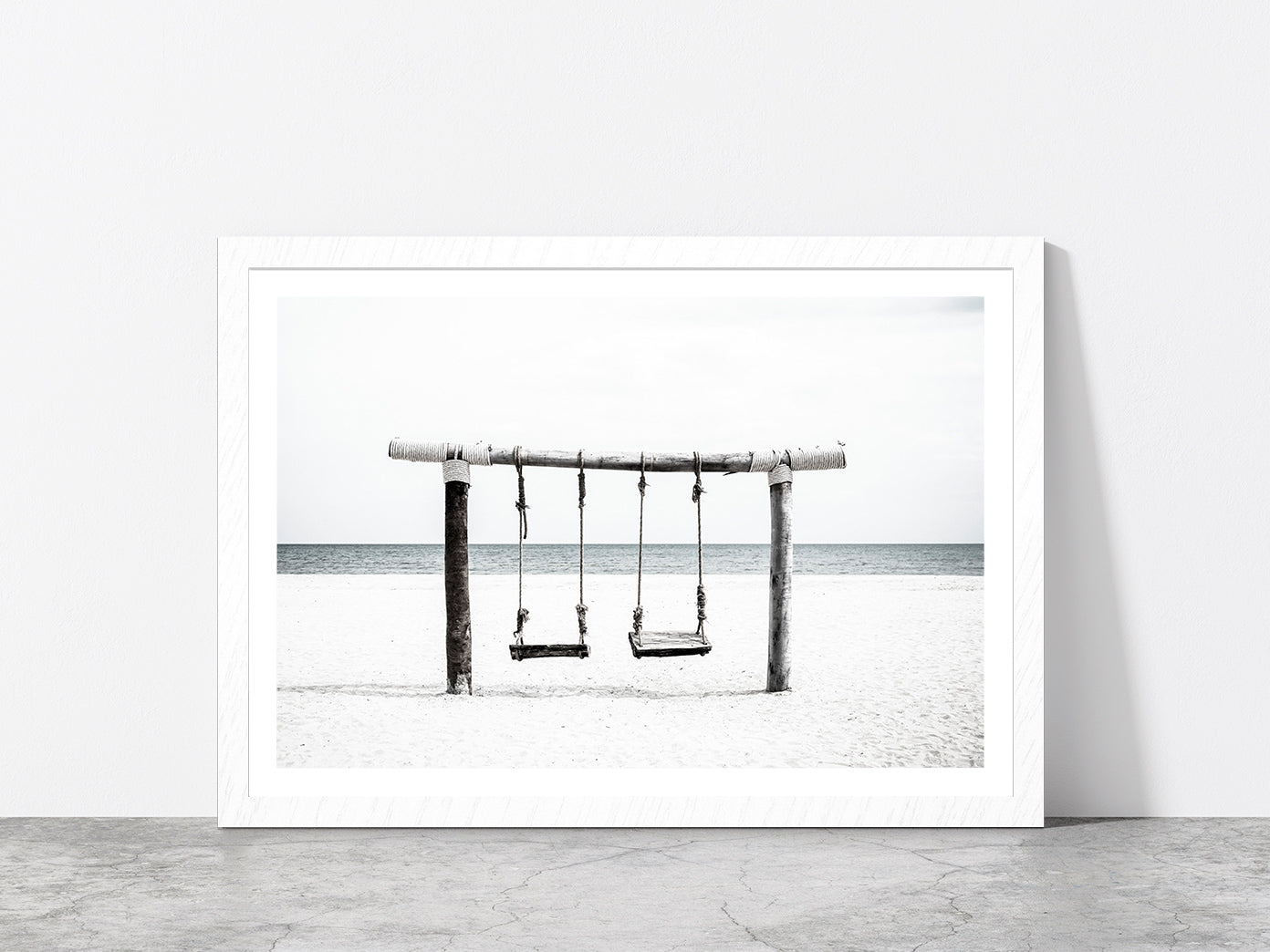 Swing near Sand Beach B&W View Photograph Glass Framed Wall Art, Ready to Hang Quality Print With White Border White