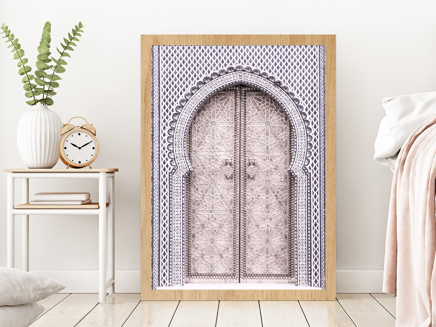 Moroccon Door View Photograph Glass Framed Wall Art, Ready to Hang Quality Print Without White Border Oak