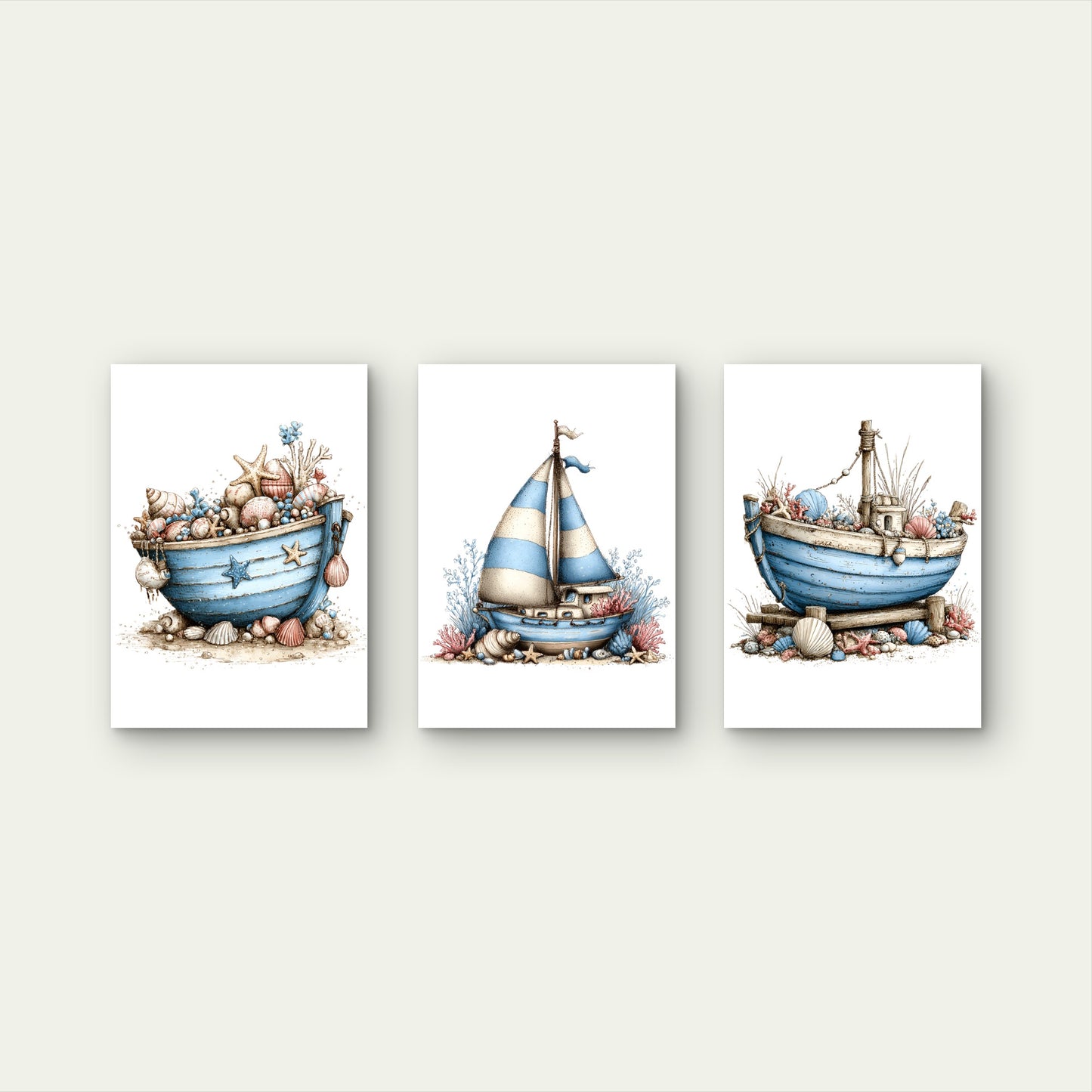3pcs Rustic Coastal Beach Boats Wall Art Set Canvas Framed 40x60cm - High Quality Print 100% Australian Made Wall Canvas Ready to Hang