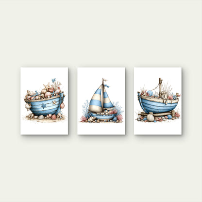 3pcs Rustic Coastal Beach Boats Wall Art Set Canvas Framed 40x60cm - High Quality Print 100% Australian Made Wall Canvas Ready to Hang