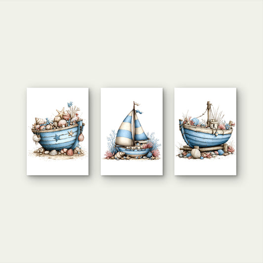 3pcs Rustic Coastal Beach Boats Wall Art Set Canvas Framed 40x60cm - High Quality Print 100% Australian Made Wall Canvas Ready to Hang