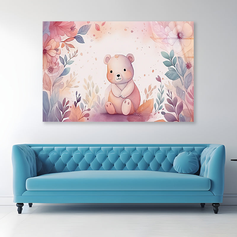 Watercolor Style of Happy Baby Bear with Flowers Acrylic Glass Print Tempered Glass Wall Art 100% Made in Australia Ready to Hang