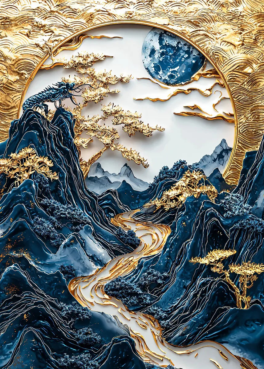 Gold Dragon Blue Onyx Peak 60x90cm Metal Print Ready to Hang - Bella Home Decor