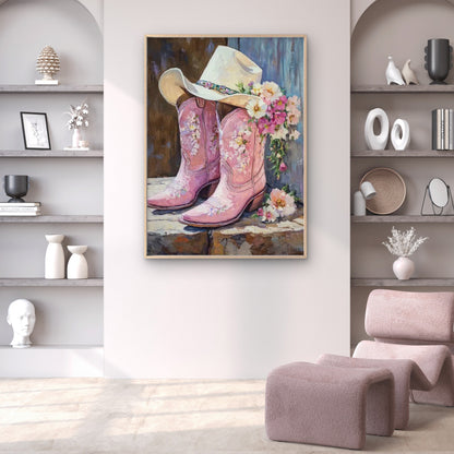 Pink Pastel Flowers Hat with Cowboy Boots Fashion Home Decor Premium Quality Poster Print Choose Your Sizes
