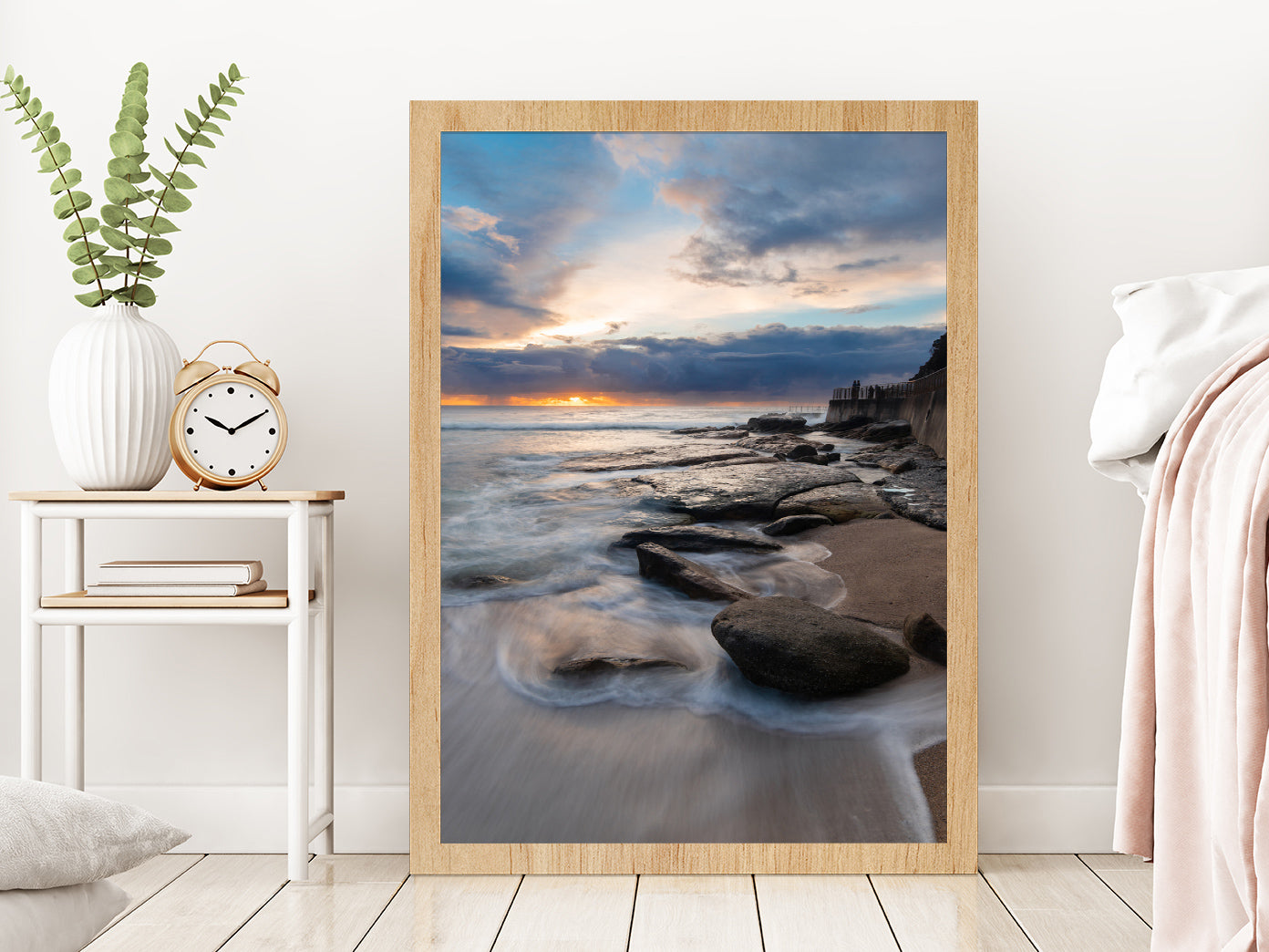 Sunrise View Of Rocky Coastline Glass Framed Wall Art, Ready to Hang Quality Print Without White Border Oak