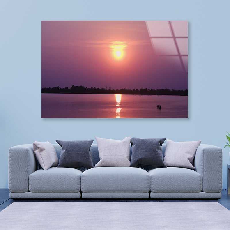 Scenery Of Along the Lake Has an Orange Sky & Sunset Acrylic Glass Print Tempered Glass Wall Art 100% Made in Australia Ready to Hang