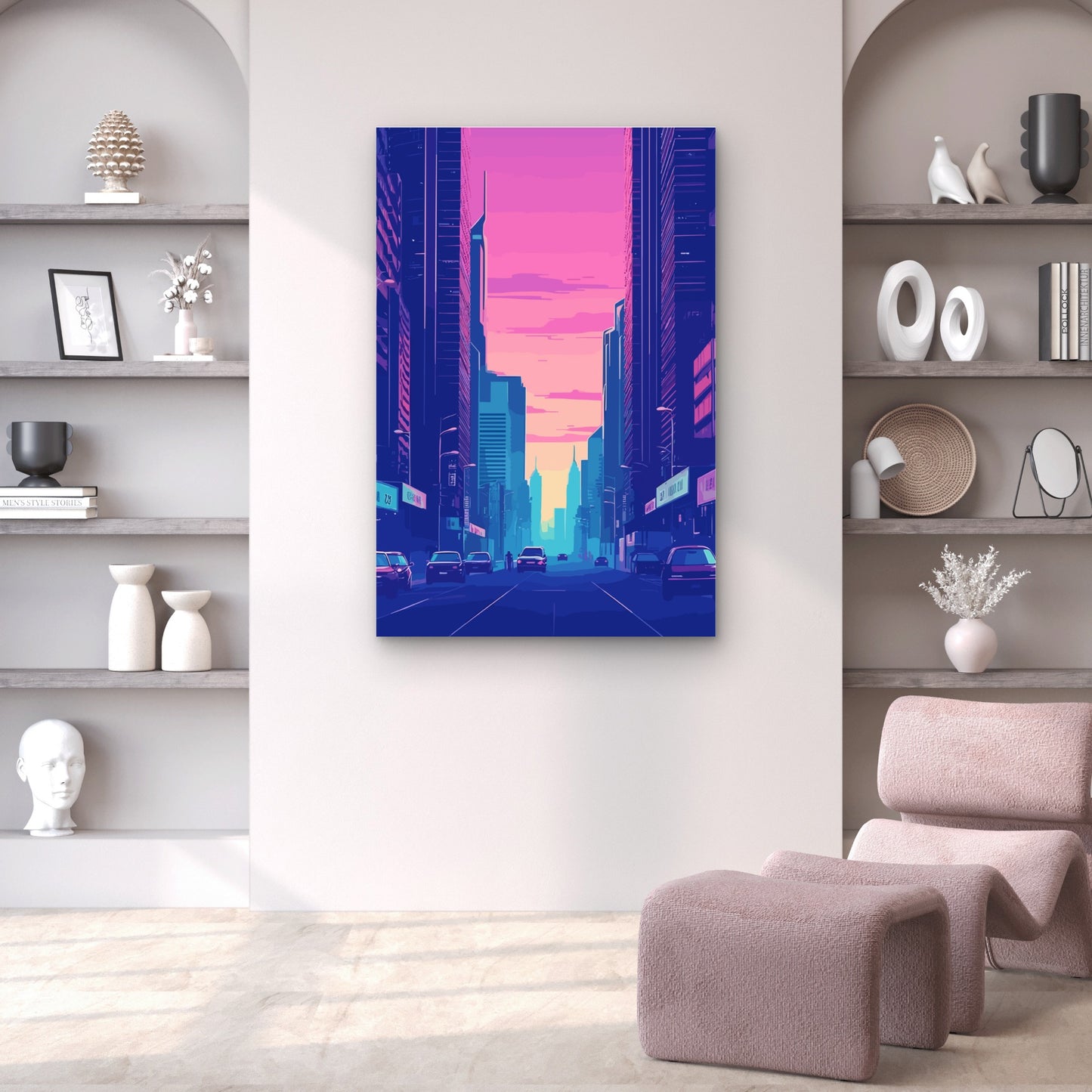 Cyberpunk City Street Neon Skyline Night 60x90cm Metal Print Ready to Hang