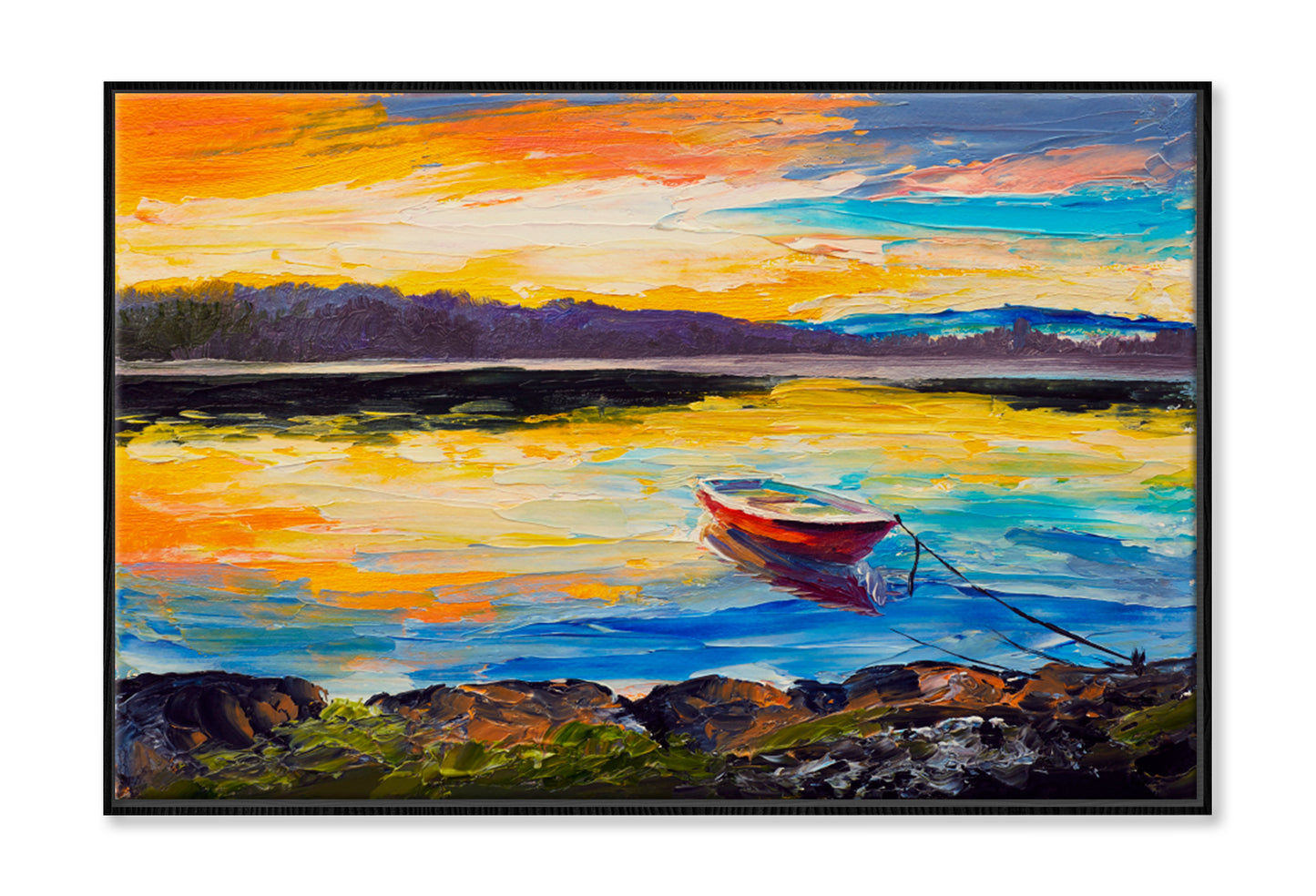 Fishing Boats On Sea View Oil Painting Limited Edition High Quality Print Canvas Box Framed Black