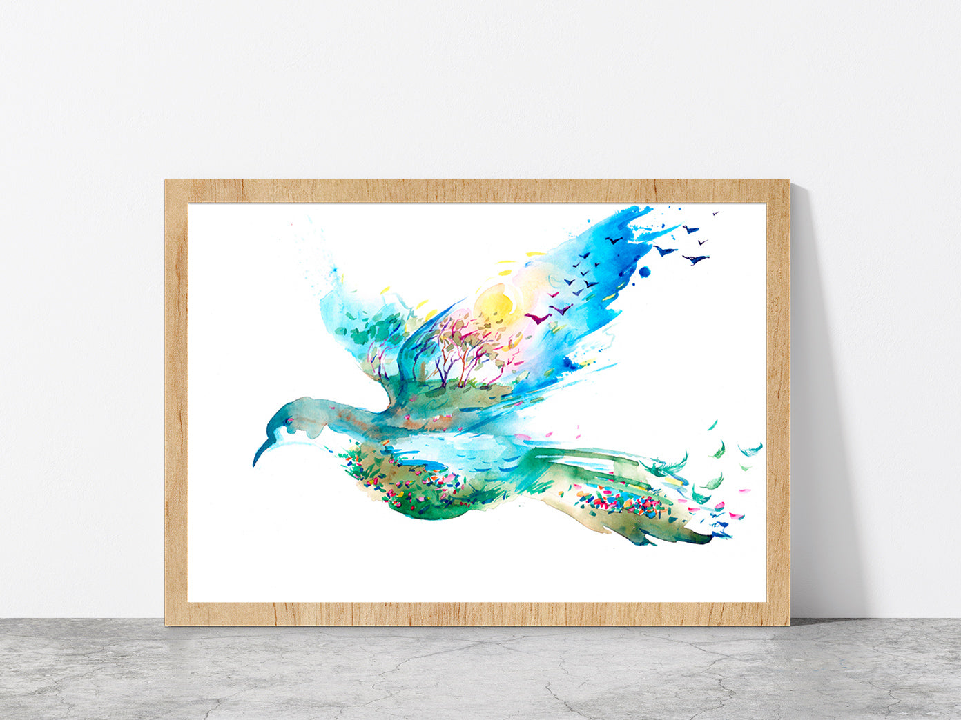 Spring In The Form Of Flying Bird Glass Framed Wall Art, Ready to Hang Quality Print Without White Border Oak