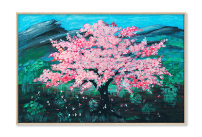 Pink Sakura Cherry Tree in Green Field Painting Wall Art Limited Edition High Quality Print Canvas Box Framed Natural