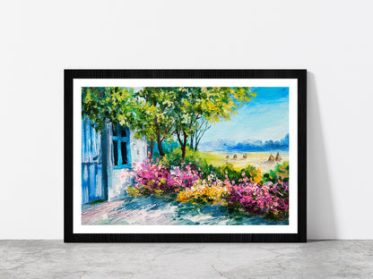 Garden Near The House & Colorful flowers Glass Framed Wall Art, Ready to Hang Quality Print With White Border Black