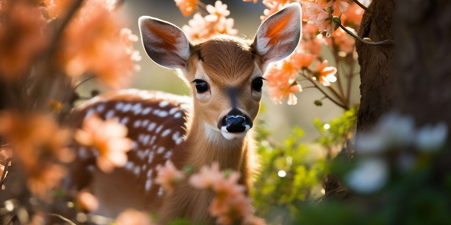 Cute Fawn Deer Spring Floral Nature Wilderness Wall Art Canvas Office Home Room Framed 120x60cm