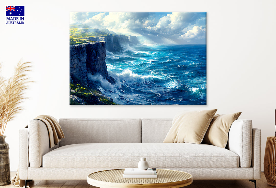 Coastal With Rugged Cliffs Crashing Waves Wall Art Decor 100% Australian Made