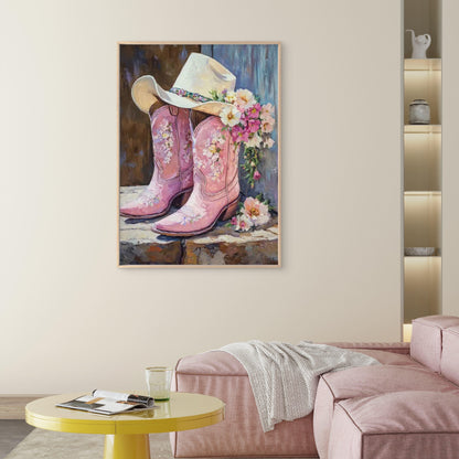 Pink Pastel Flowers Hat with Cowboy Boots Fashion Home Decor Premium Quality Poster Print Choose Your Sizes