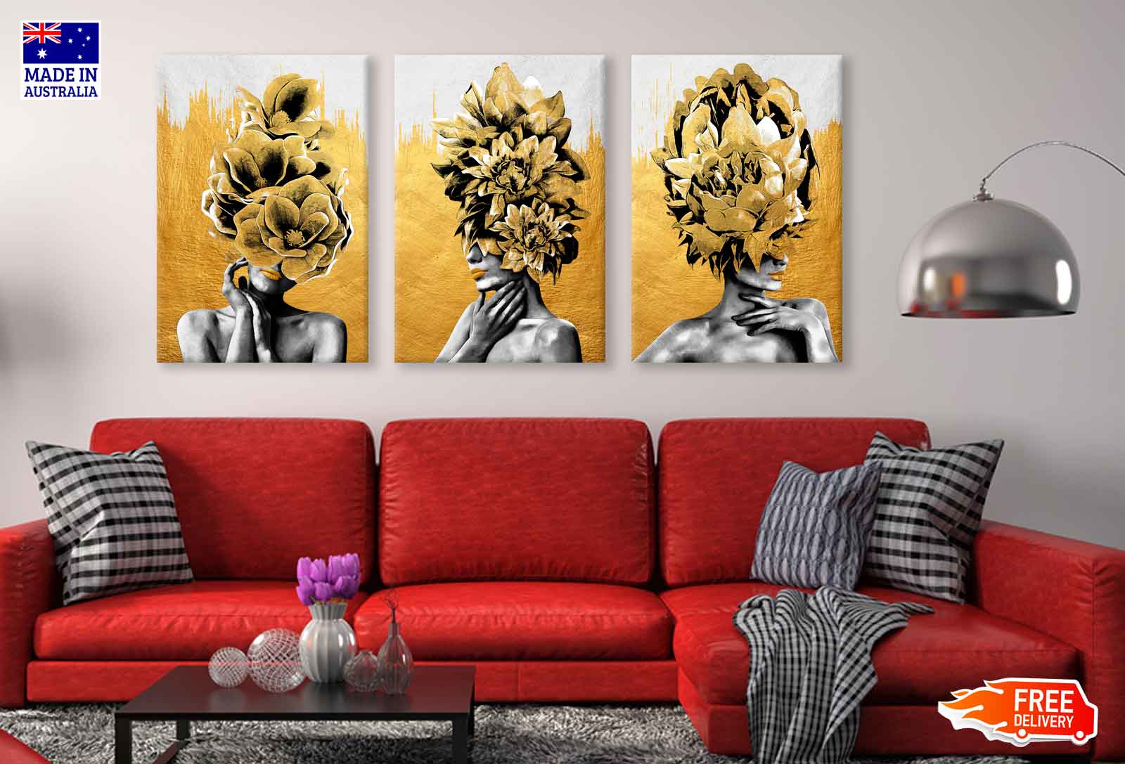 3 Set of Gold Girl Figure High Quality Print 100% Australian Made Wall Canvas Ready to Hang