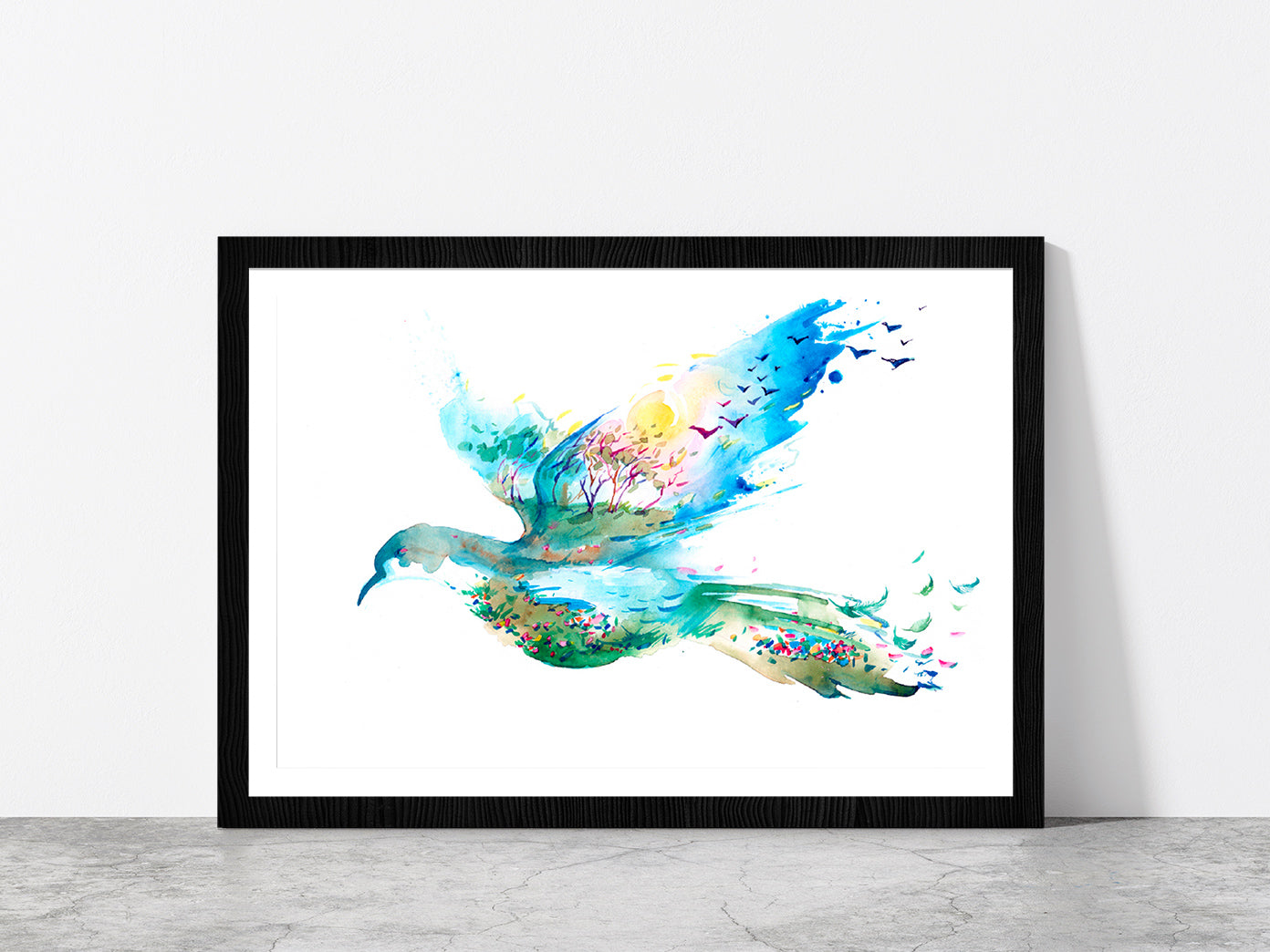 Spring In The Form Of Flying Bird Glass Framed Wall Art, Ready to Hang Quality Print With White Border Black