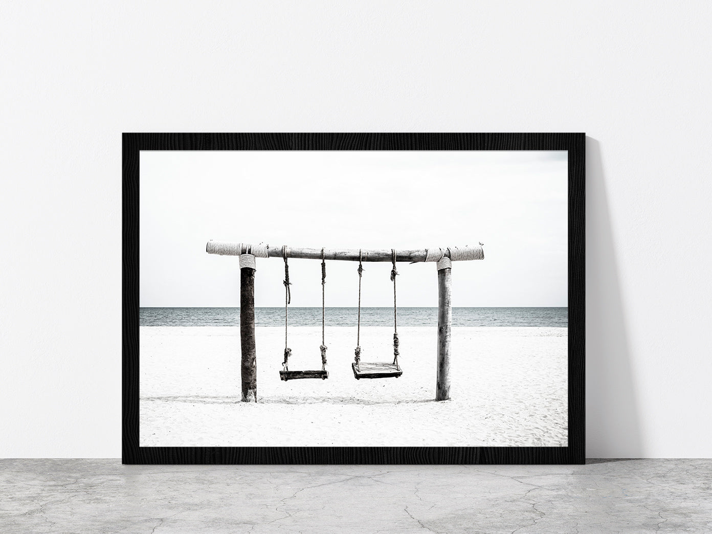 Swing near Sand Beach B&W View Photograph Glass Framed Wall Art, Ready to Hang Quality Print Without White Border Black