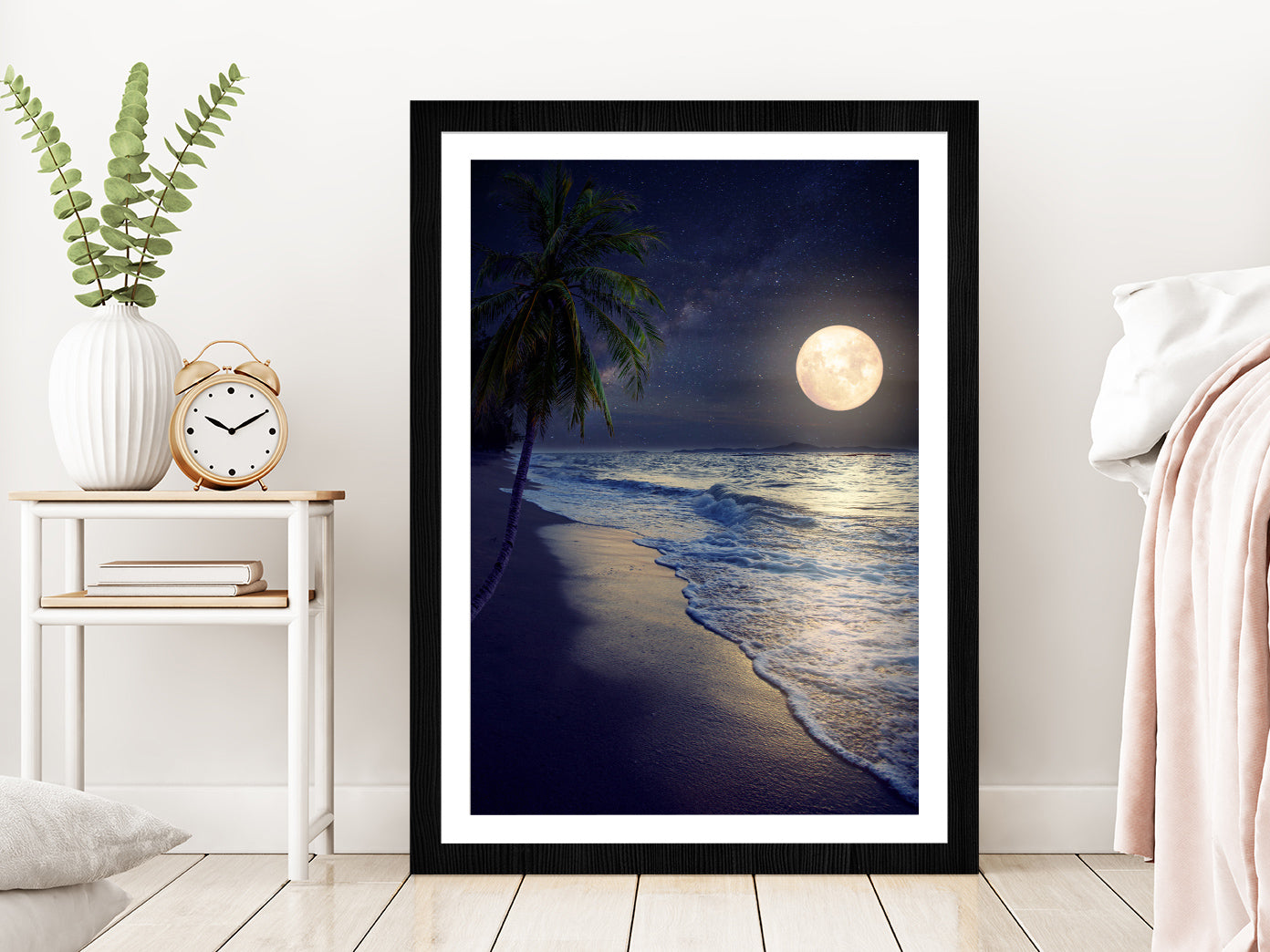 Tropical Beach with Milky Way Moon in Night Photograph Glass Framed Wall Art, Ready to Hang Quality Print With White Border Black