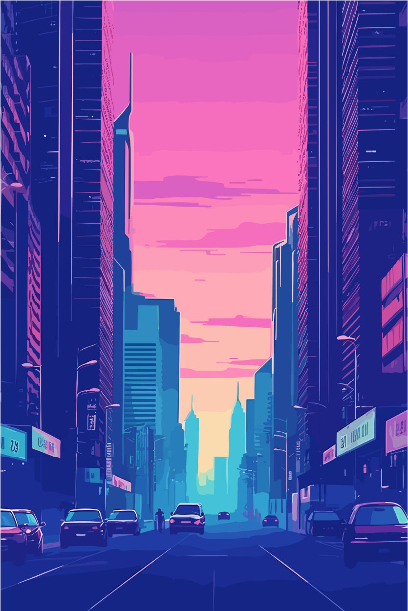 Cyberpunk City Street Neon Skyline Night 40x60cm Metal Print Ready to Hang