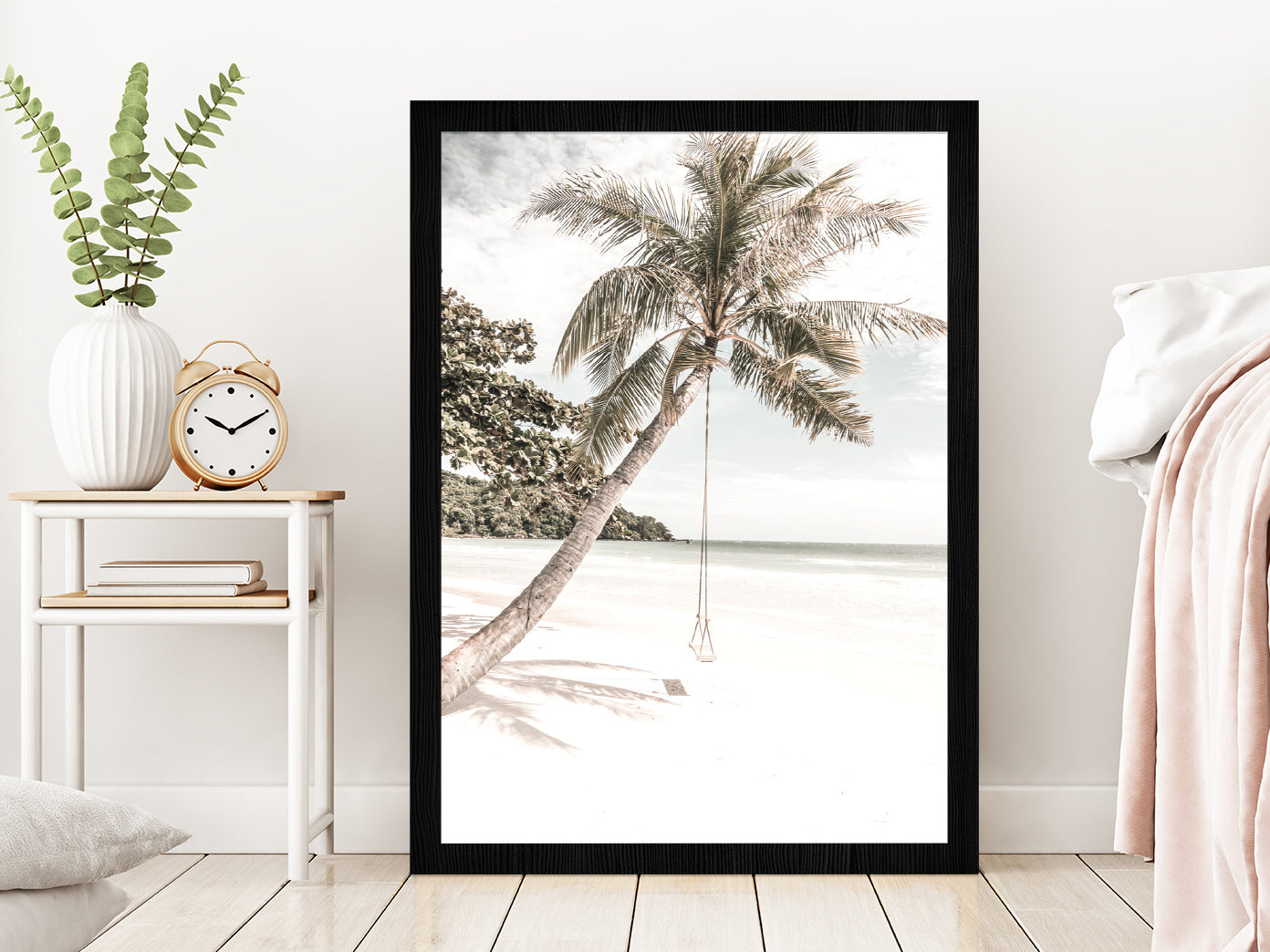 Beach Swing Palm Tree near Sand Beach View Glass Framed Wall Art, Ready to Hang Quality Print Without White Border Black