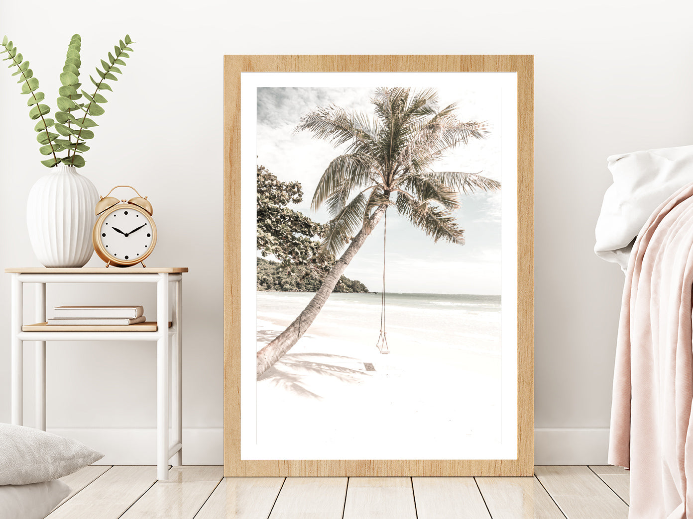 Beach Swing Palm Tree near Sand Beach View Glass Framed Wall Art, Ready to Hang Quality Print With White Border Oak