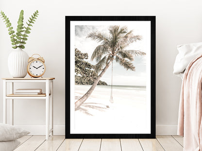 Beach Swing Palm Tree near Sand Beach View Glass Framed Wall Art, Ready to Hang Quality Print With White Border Black