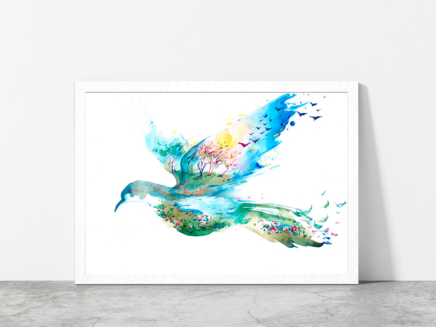 Spring In The Form Of Flying Bird Glass Framed Wall Art, Ready to Hang Quality Print Without White Border White