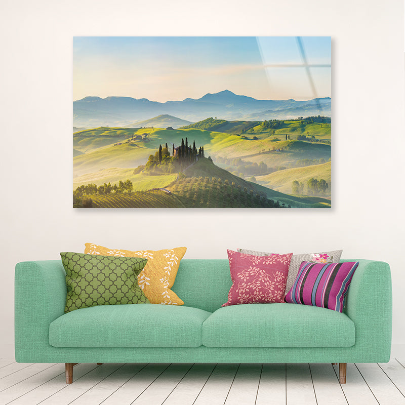 Hills, Trees, Mountains in Tuscany, Italy Acrylic Glass Print Tempered Glass Wall Art 100% Made in Australia Ready to Hang - Bella Home Decor